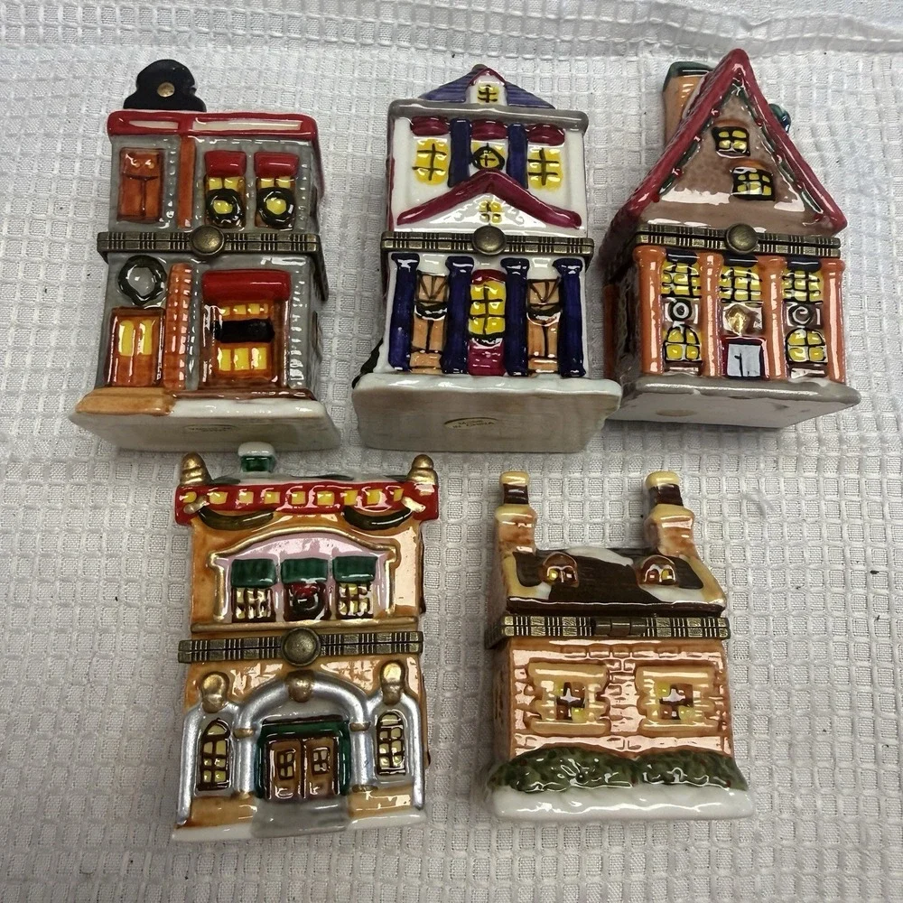 Lot 5 Christmas Village House Hinged Trinket Ring Boxes North Pole Porcelain